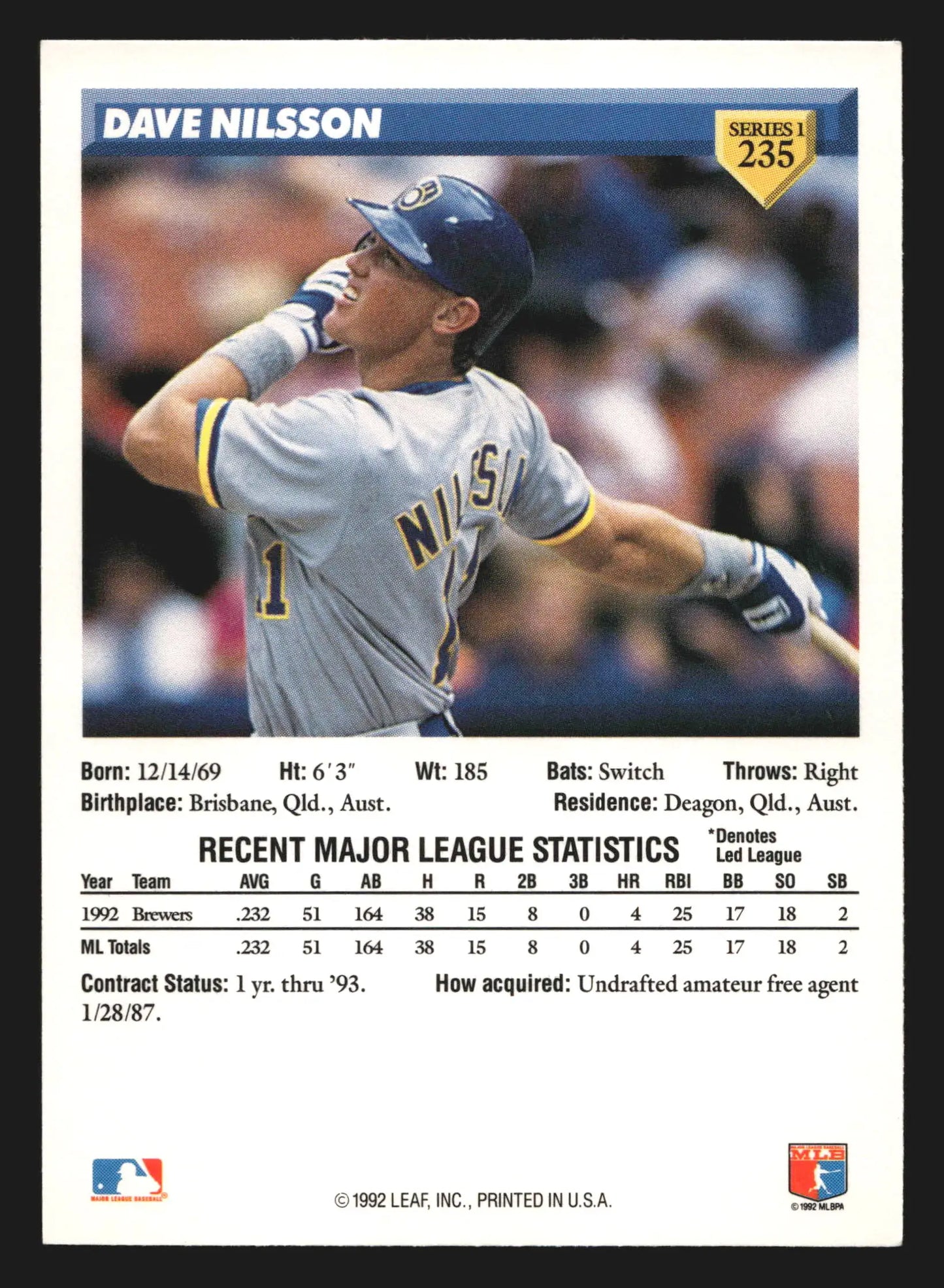 1993 Donruss Dave Nilsson #235 Milwaukee Brewers - Baseball Card Single
