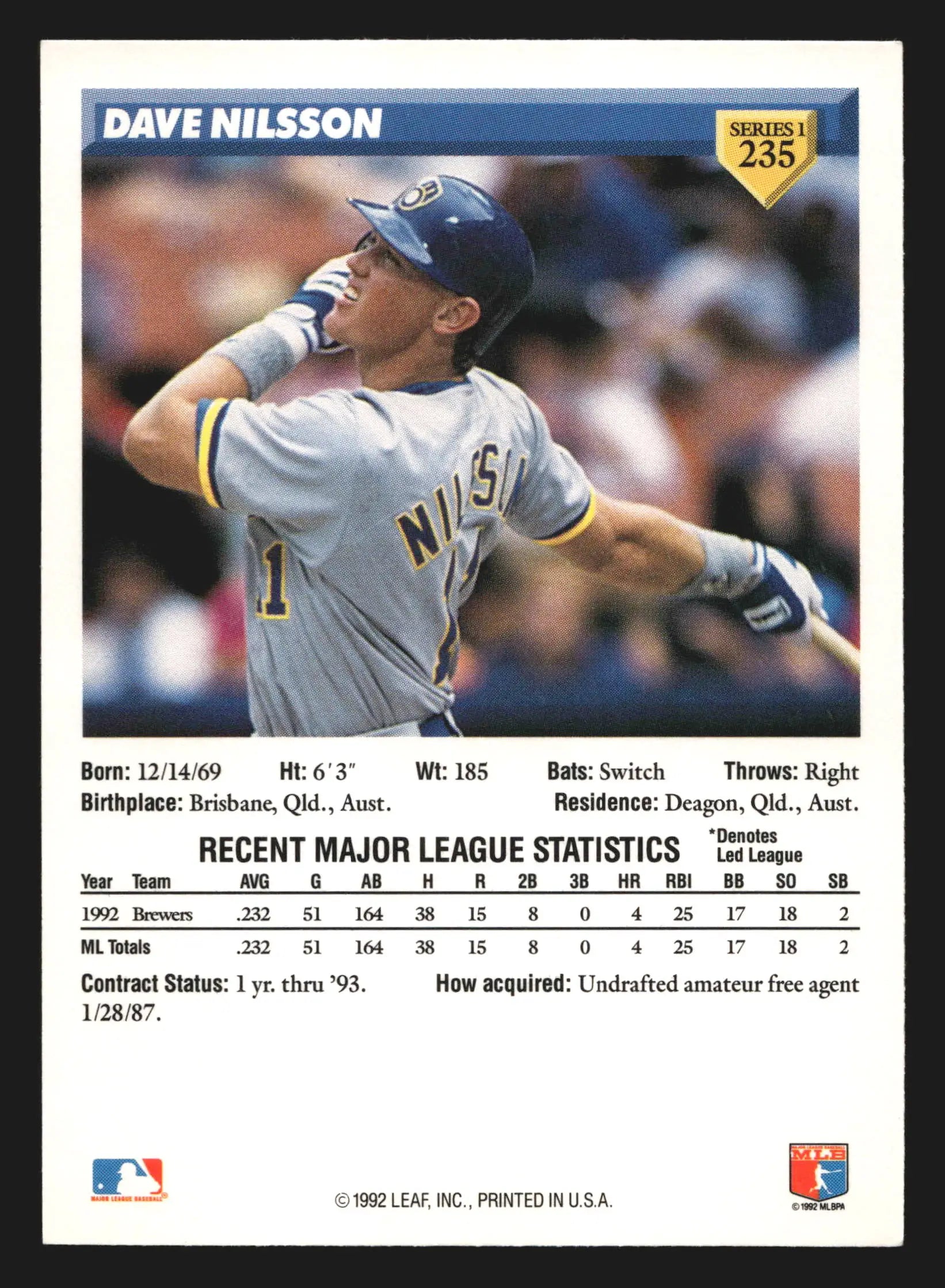 1993 Donruss Dave Nilsson #235 Milwaukee Brewers - Baseball Card Single