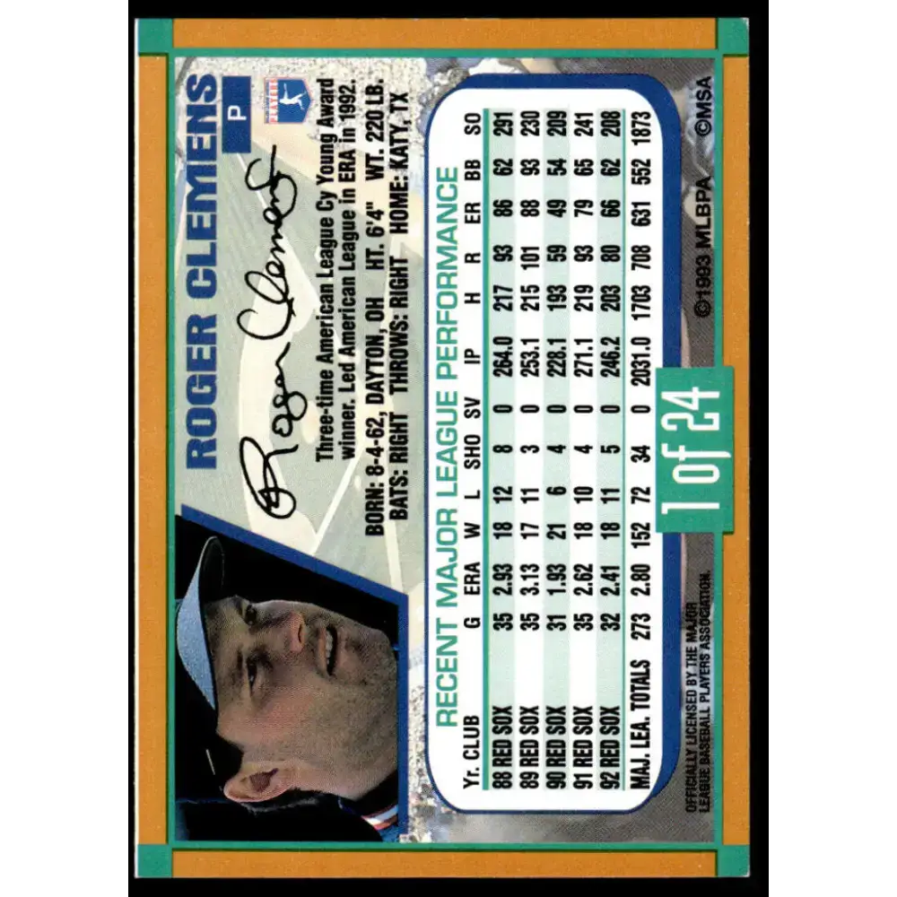 1993 Duracell Power Players I #1 Roger Clemens EX/NM Boston Red Sox Baseball Card - Baseball Card Single