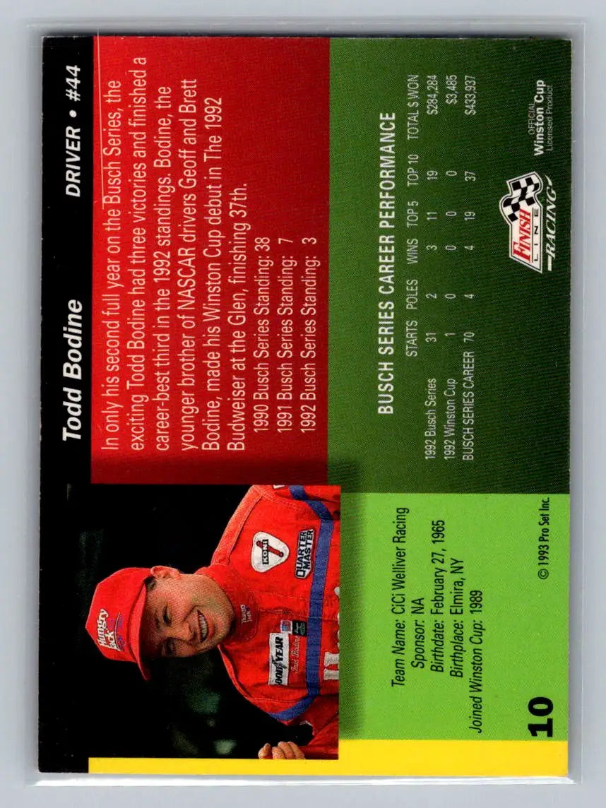 1993 Finish Line #10 Todd Bodine Cicci-Welliver Racing - Racing Card Single