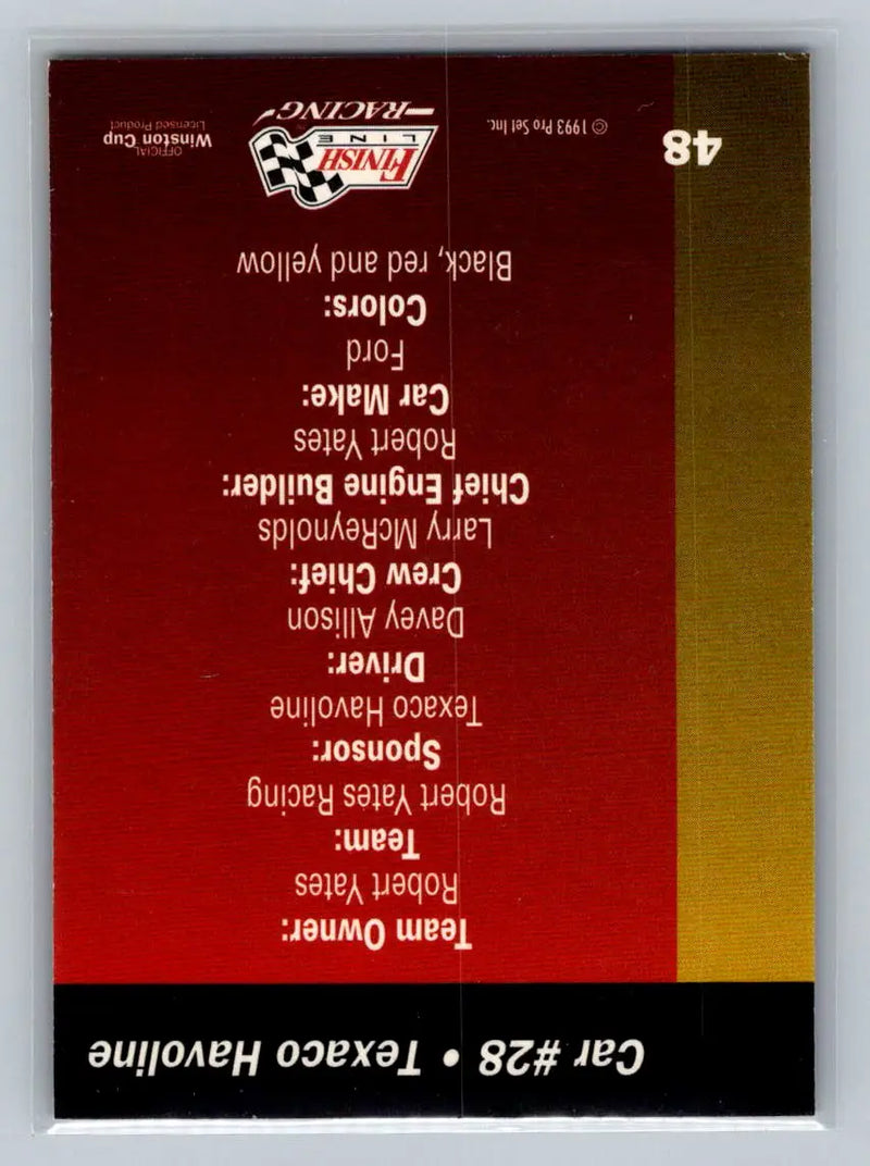 1993 Finish Line #48 Car #28 Texaco Havoline Robert Yates Racing - Racing Card Single