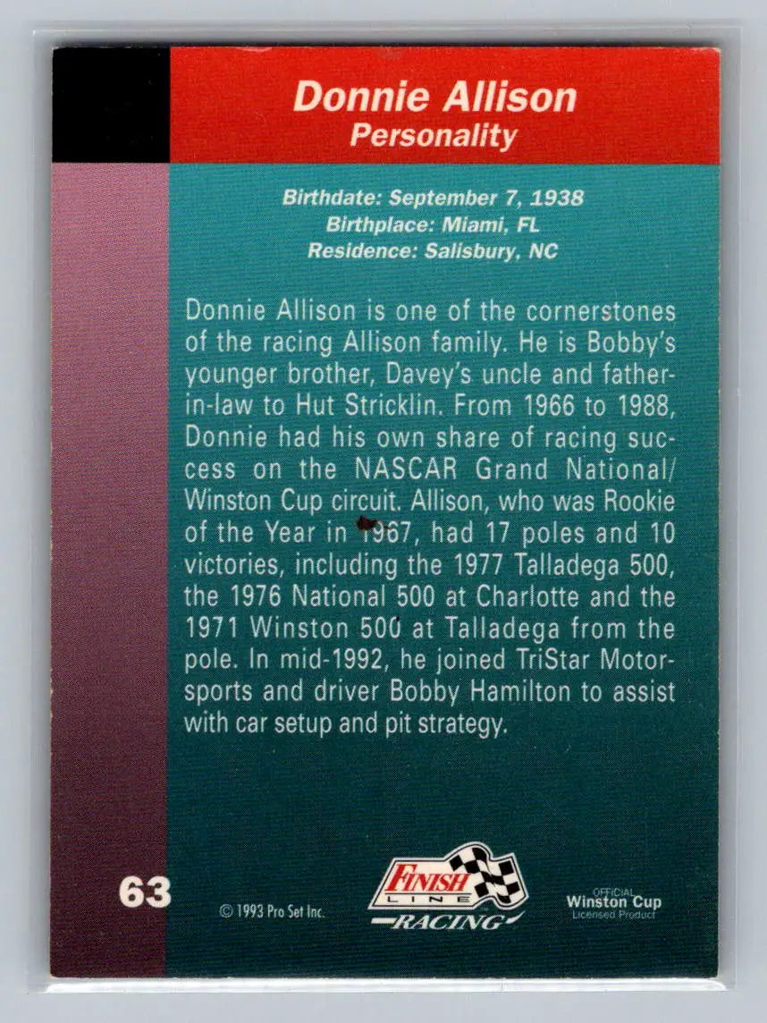 1993 Finish Line #63 Donnie Allison Tri-Star Motorsports - Racing Card Single