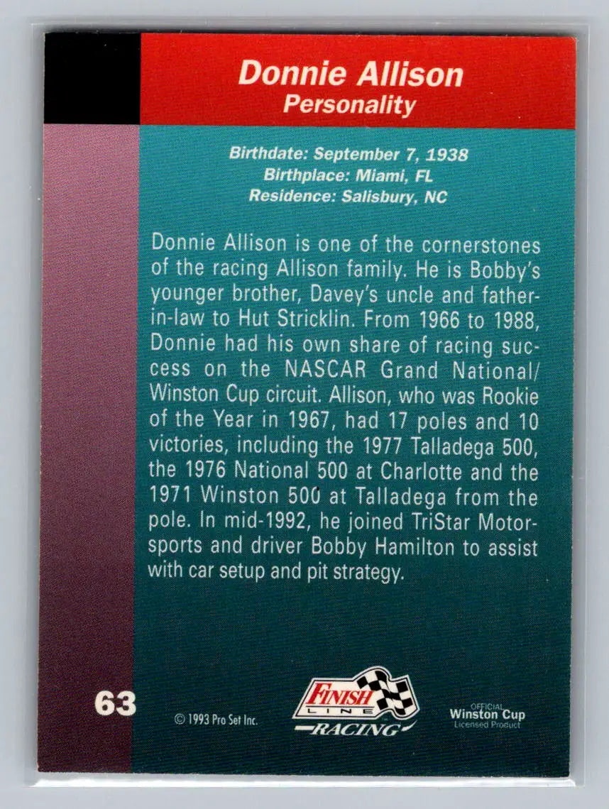 1993 Finish Line #63 Donnie Allison Tri-Star Motorsports - Racing Card Single