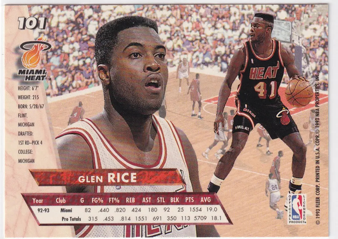 1993 FLEER #101 GLEN RICE- MIAMI HEAT - Basketball Card Single