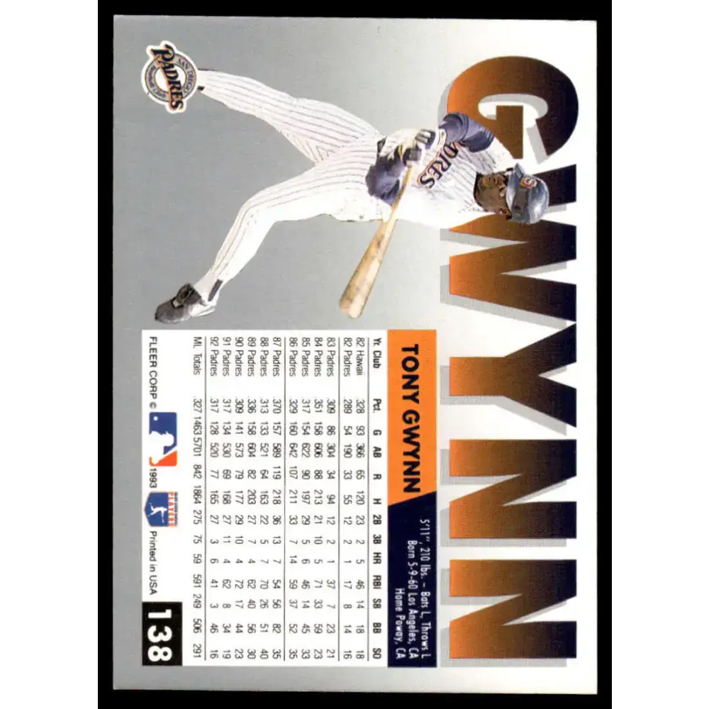 1993 Fleer #138 Tony Gwynn NM/MT San Diego Padres Baseball Card - Baseball Card Single