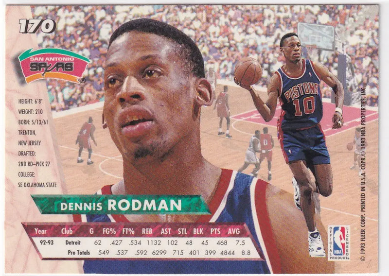 1993 FLEER #170 DENNIS RODMAN- DETROIT PISTONS - Basketball Card Single