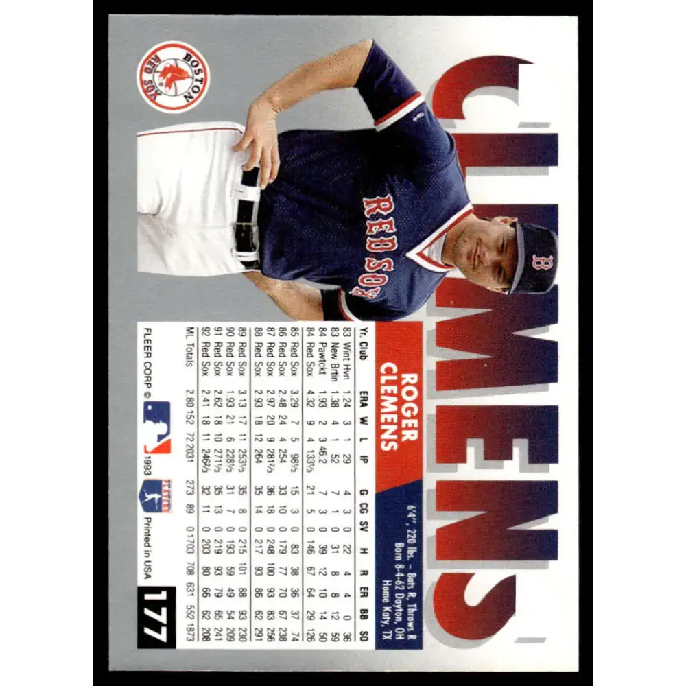 1993 Fleer #177 Roger Clemens EX/NM Boston Red Sox Baseball Card - Baseball Card Single