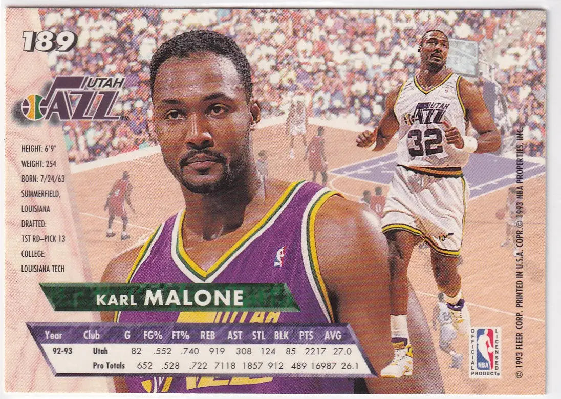 1993 FLEER #189 KARL MALONE- UTAH JAZZ - Basketball Card Single