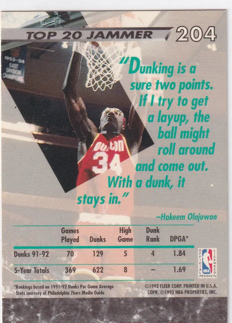 1993 FLEER #204 HAKEEM OLAJUWON JAM SESSION- HOUSTON ROCKETS - Basketball Card Single