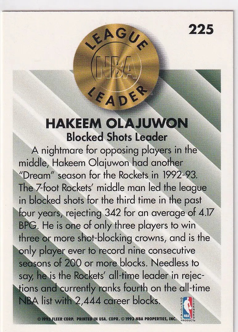 1993 FLEER #225 HAKEEM OLAJUWON LEAGUE LEADER- HOUSTON ROCKETS - Basketball Card Single