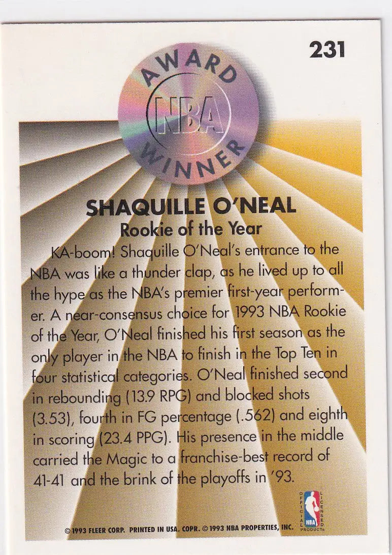 1993 FLEER #231 SHAQUILLE ONEAL AWARD WINNER- ORLANDO MAGIC - Basketball Card Single