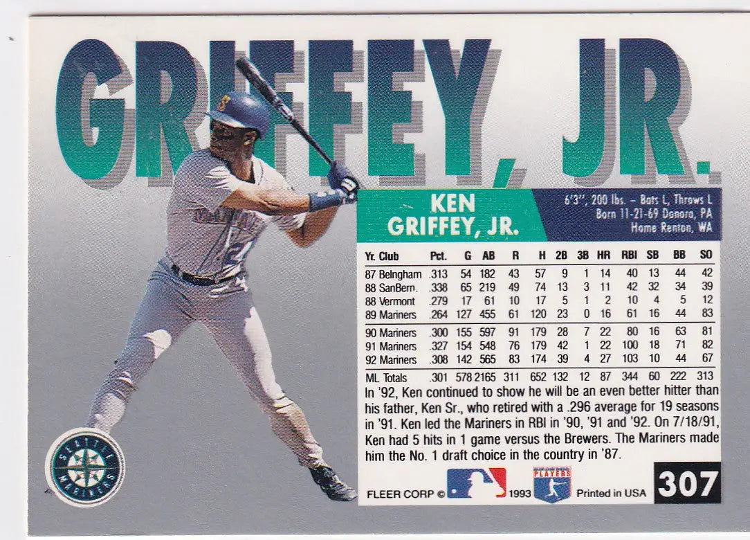 1993 FLEER #307 KEN GRIFFEY JR- SEATTLE MARINERS