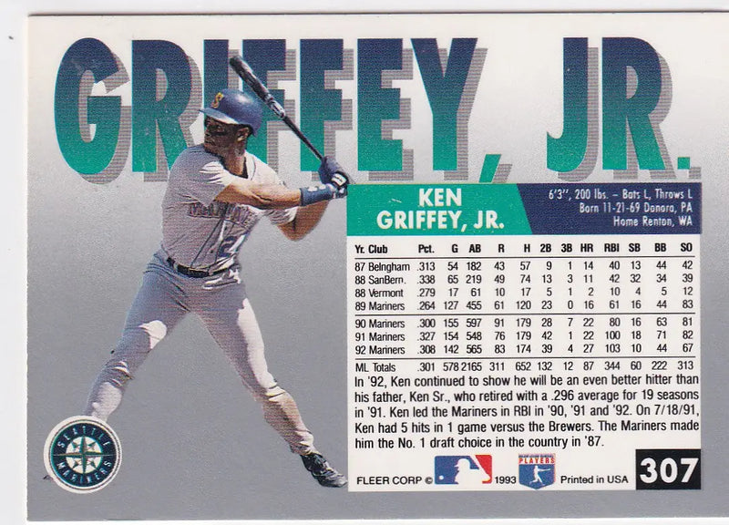 1993 FLEER #307 KEN GRIFFEY JR- SEATTLE MARINERS