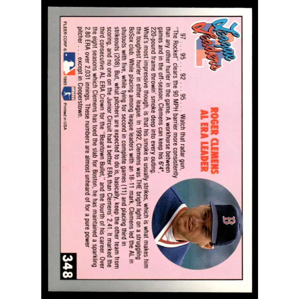 1993 Fleer #348 Roger Clemens EX/NM Boston Red Sox Baseball Card - Baseball Card Single