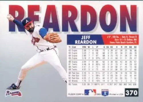 Original gloss baseball card featuring Jeff Reardon from 1993 Fleer #370 Braves