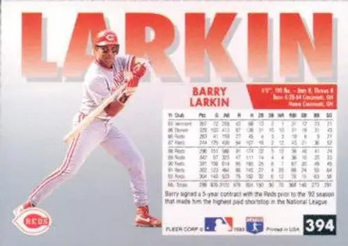 Back of a vintage 1993 Fleer Barry Larkin NM-MT baseball card showcasing original gloss