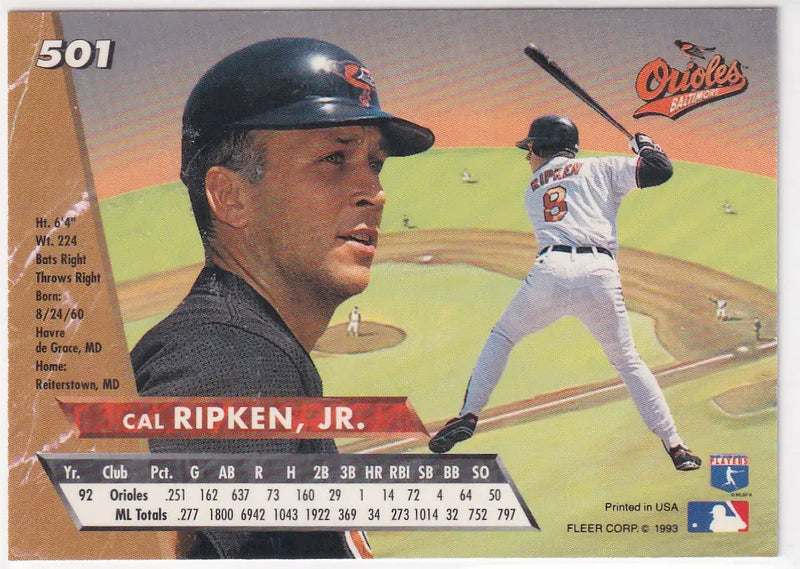 1993 FLEER #501 CAL RIPKEN JR- BALTIMORE ORIOLES - Baseball Card Single