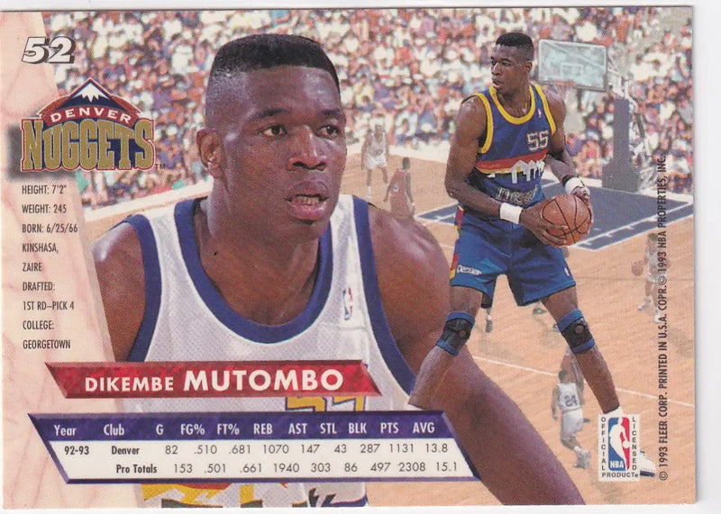 1993 FLEER #52 DIKEMBE MUTOMBO- DENVER NUGGETS - Basketball Card Single