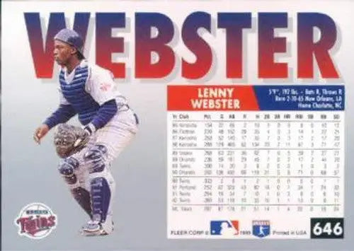 1993 Fleer Lenny Webster baseball card with original gloss, NM-MT condition