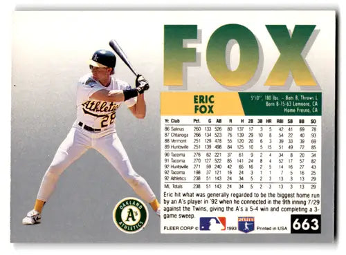 Eric Fox baseball card from 1993 Fleer with excellent athletics and original gloss