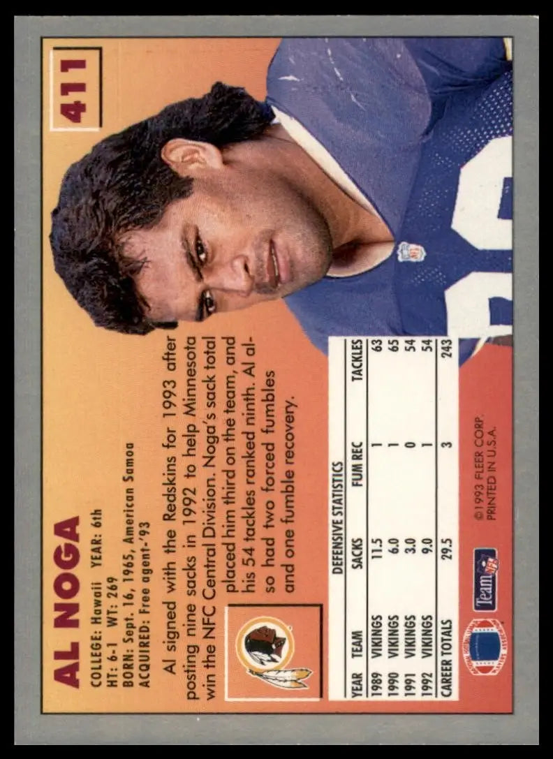 1993 Fleer Al Noga #411 Minnesota Vikings Football Card NFL Sports - Football Card Single