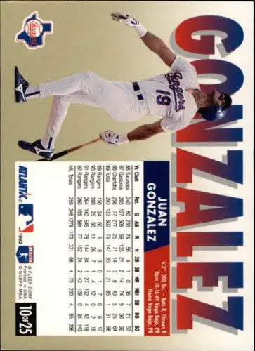 Original gloss 1993 Fleer Atlantic Juan Gonzalez baseball card NM near mint Rangers