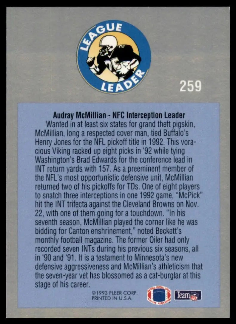 1993 Fleer Audray McMillian #259 Minnesota Vikings Football Card NFL Sports - Football Card Single
