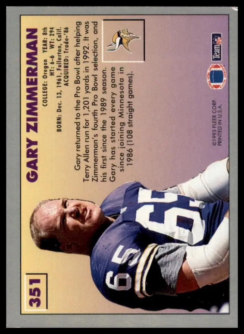 1993 Fleer Gary Zimmerman #351 Minnesota Vikings Football Card NFL Sports - Football Card Single