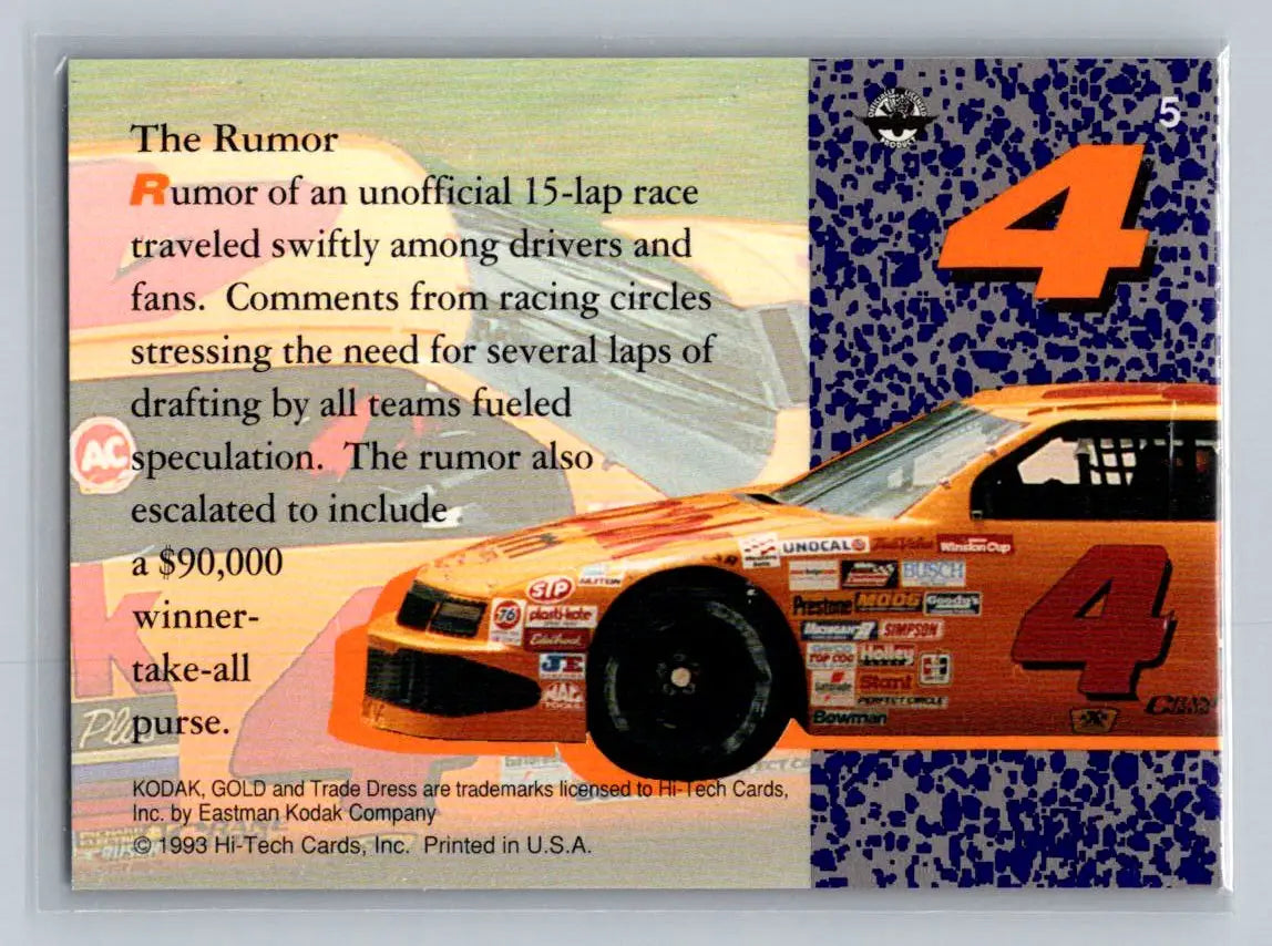 1993 Hi-Tech 1992 Indy Tire Test #5 Ernie Irvan’s Car Morgan-McClure Motorsports - Racing Card Single
