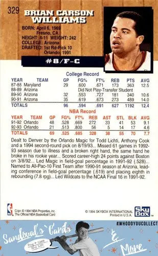 Original gloss basketball card featuring Brian Williams from 1993 Hoops Simply Sandoval