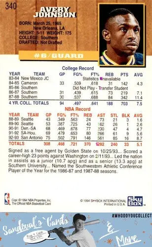Avery Johnson basketball card from 1993 Hoops #340 with original gloss by Simply Sandoval