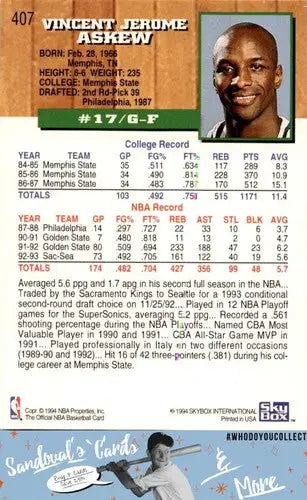 Original gloss Vincent Askew basketball card from 1993 Hoops #407 featuring Simply Sandoval