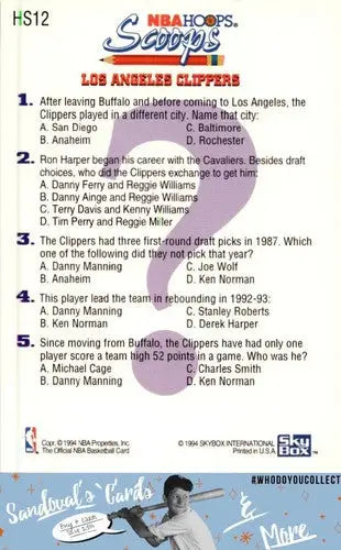 Original gloss NBA Hoops trivia card HS12 Danny Manning Scoops ID 45762