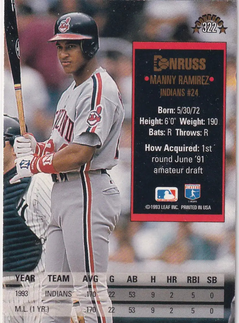 1993 LEAF #322 MANNY RAMIREZ RATED ROOKIE- CLEVELAND INDIANS - Baseball Card Single