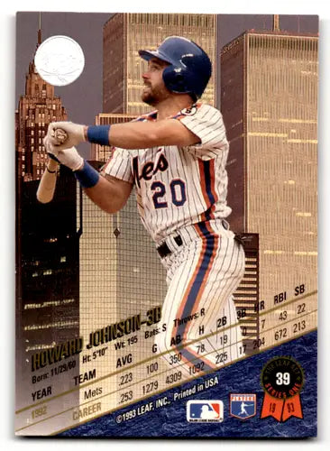 Original gloss Howard Johnson baseball card from 1993 Leaf #39 featuring Mets player