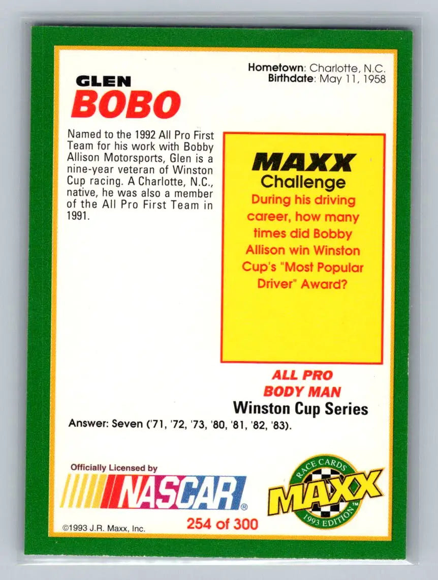 1993 Maxx #254 Glen Bobo Bobby Allison Racing - Racing Card Single