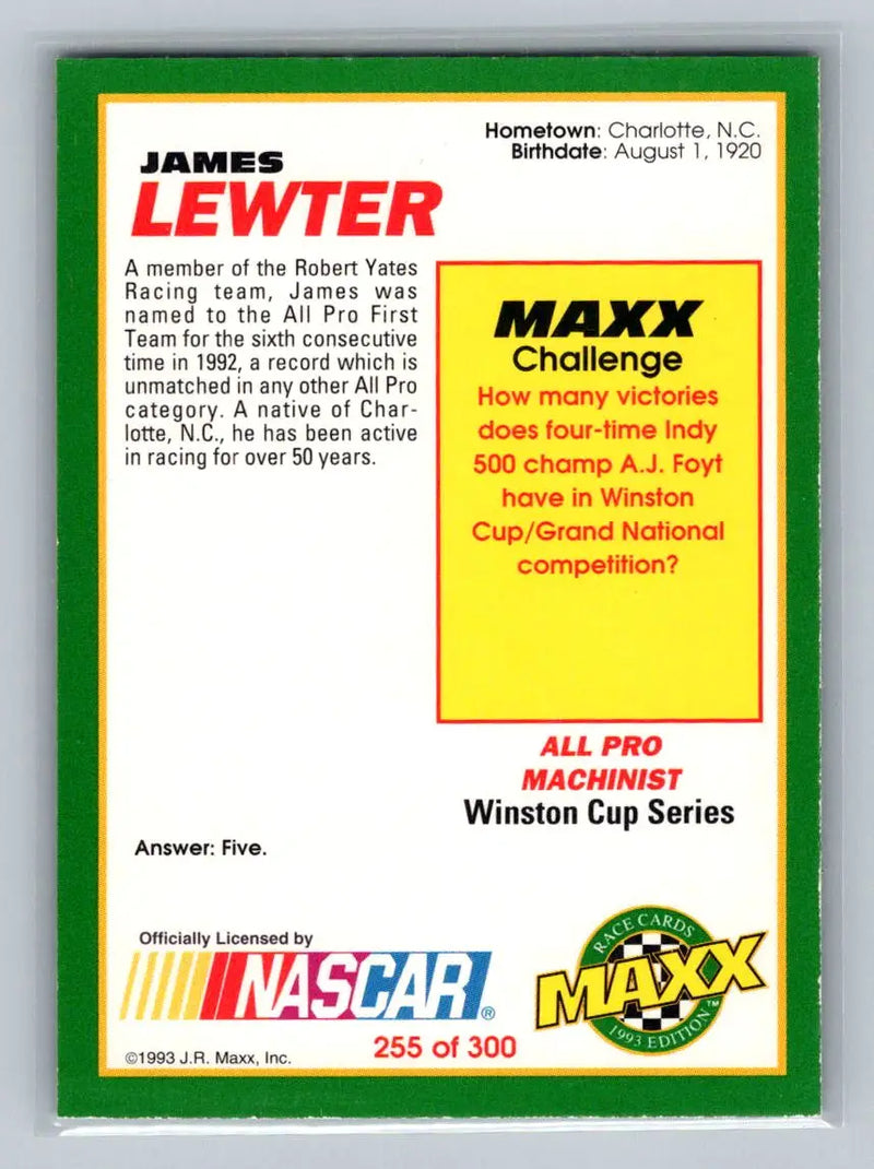1993 Maxx #255 James Lewter Robert Yates Racing - Racing Card Single