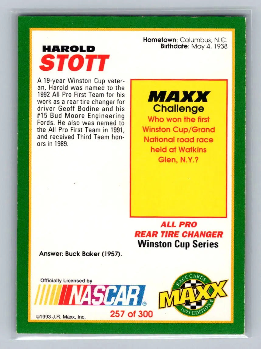 1993 Maxx #257 Harold Stott Bud Moore Engineering - Racing Card Single