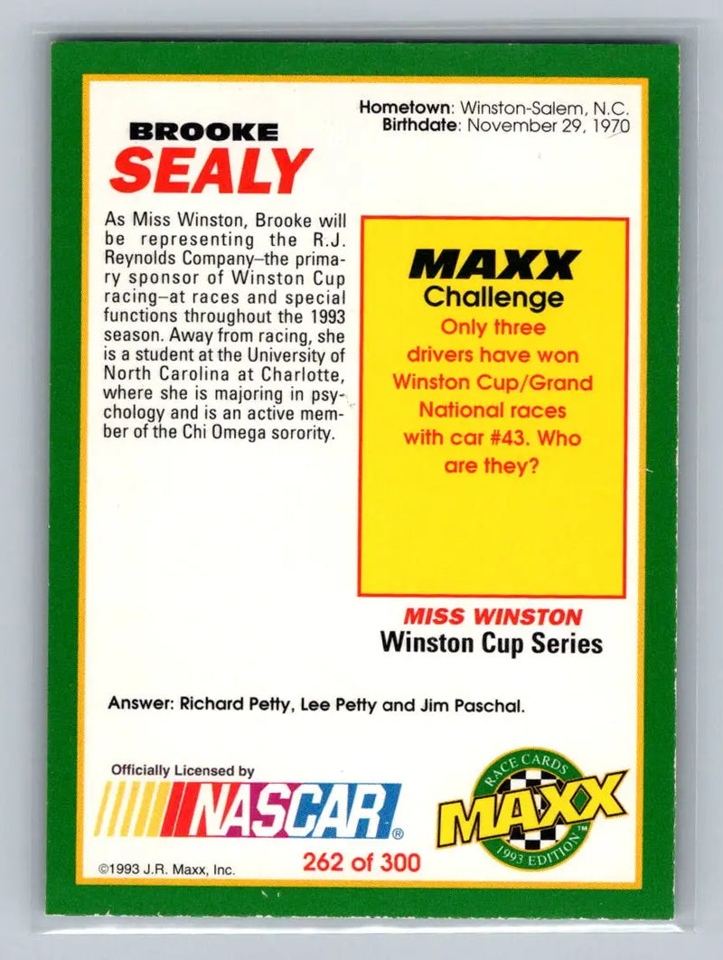 1993 Maxx #262 Brooke Sealy Miss Winston - Racing Card Single