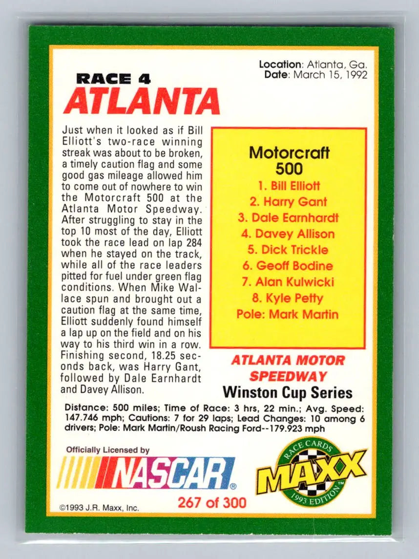1993 Maxx #267 Race 4 Atlanta Junior Johnson & Associates - Racing Card Single