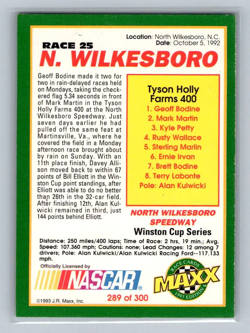 1993 Maxx #289 Race 25 North Wilkesboro Bud Moore Engineering - Racing Card Single