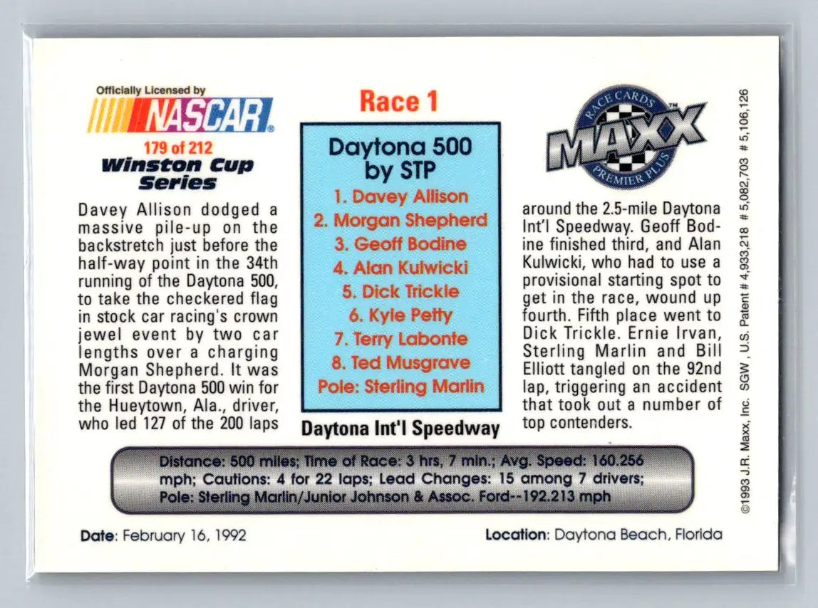 1993 Maxx Premier Plus #179 Race 1 Daytona Robert Yates Racing - Racing Card Single