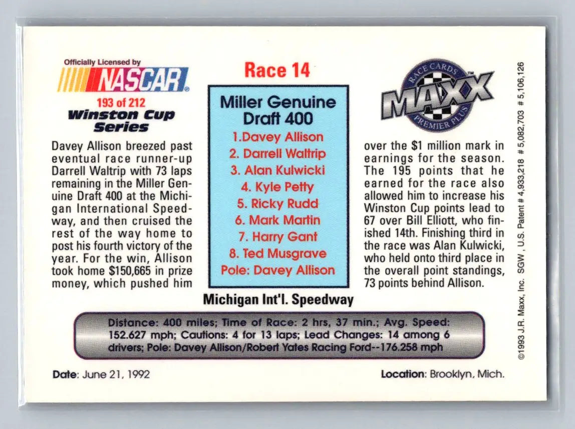 1993 Maxx Premier Plus #193 Race 14 Michigan Robert Yates Racing - Racing Card Single