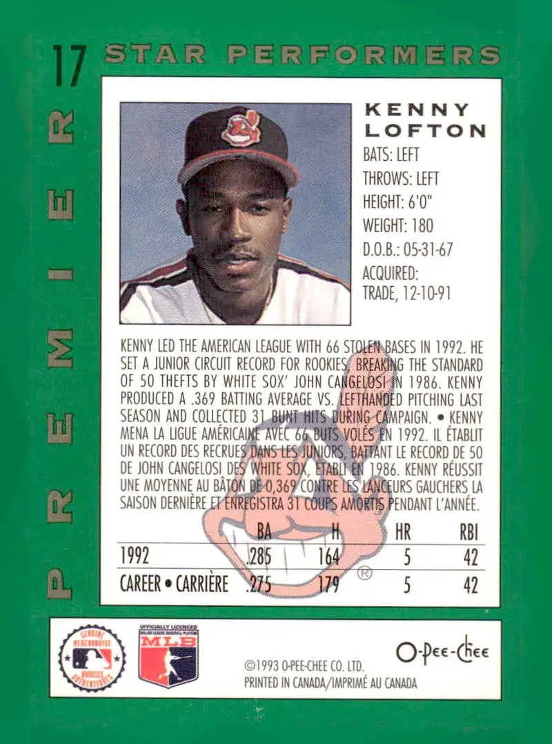 1993 O-Pee-Chee Premier #17 Kenny Lofton Pee-Chee Premier - Star Performers - Baseball Card Single