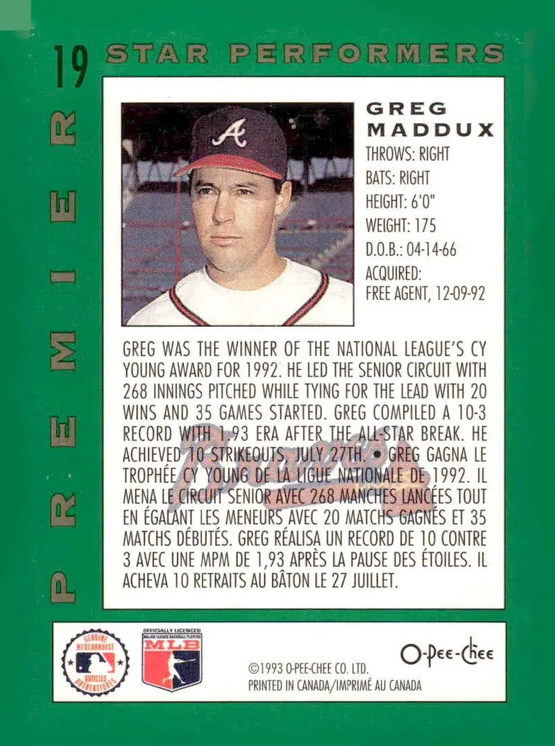 1993 O-Pee-Chee Premier #19 Greg Maddux Pee-Chee Premier - Star Performers - Baseball Card Single