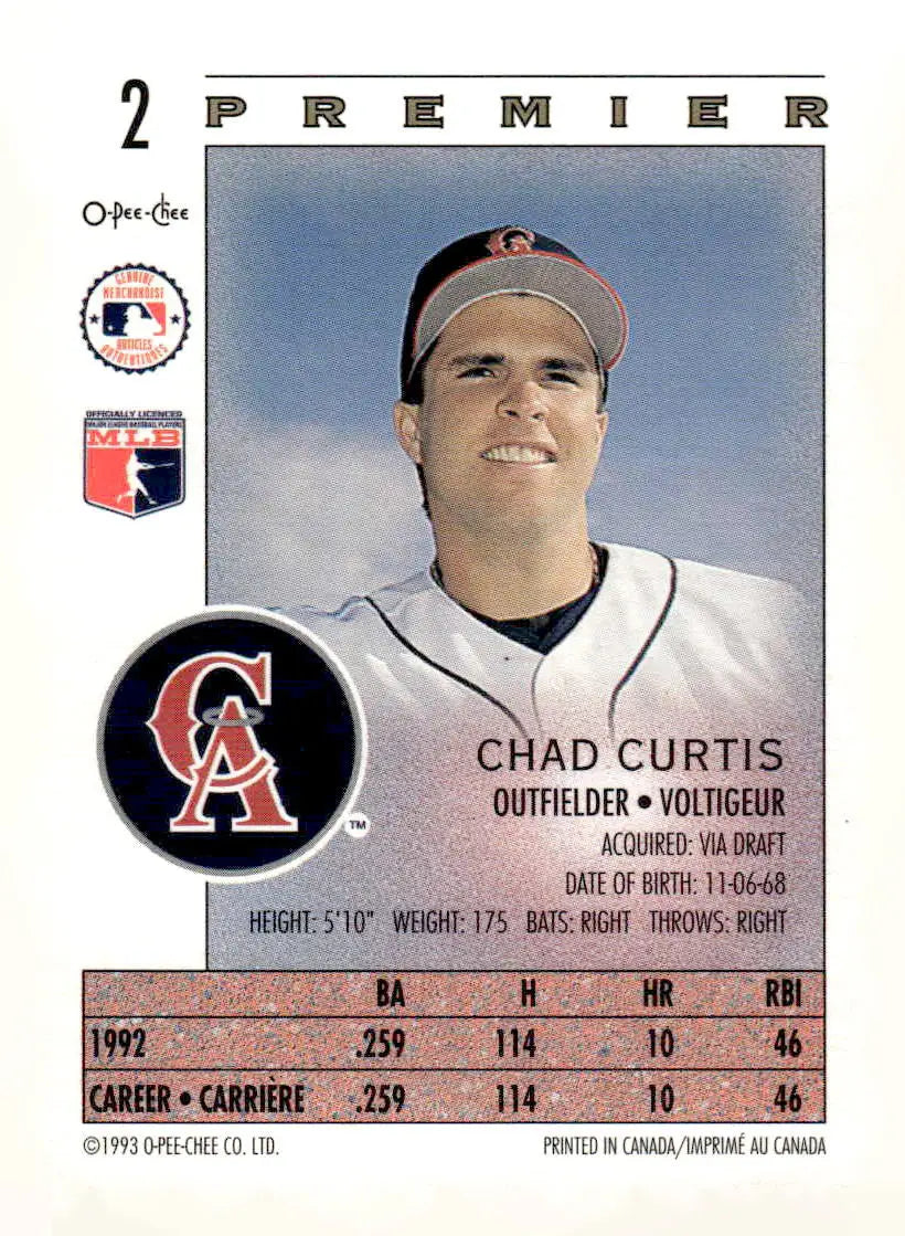 1993 O-Pee-Chee Premier #2 Chad Curtis - Baseball Card Single