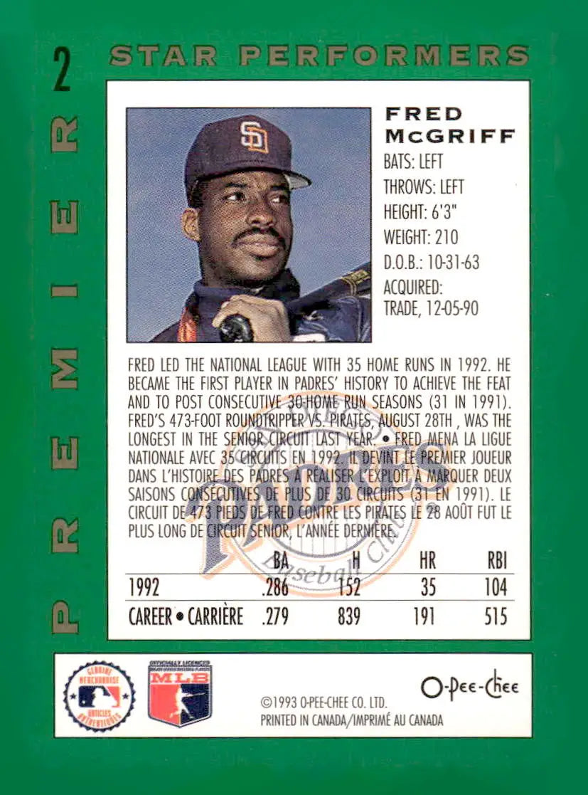 1993 O-Pee-Chee Premier #2 Fred McGriff Pee-Chee Premier - Star Performers - Baseball Card Single