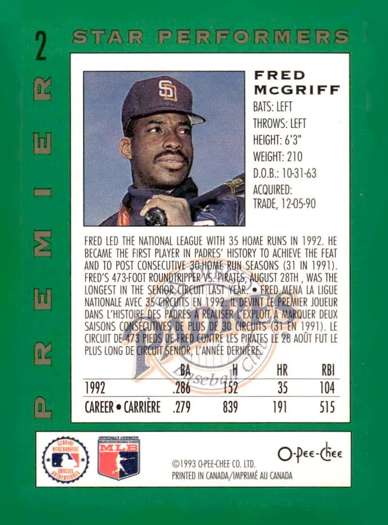 1993 O-Pee-Chee Premier #2 Fred McGriff Pee-Chee Premier - Star Performers - Baseball Card Single