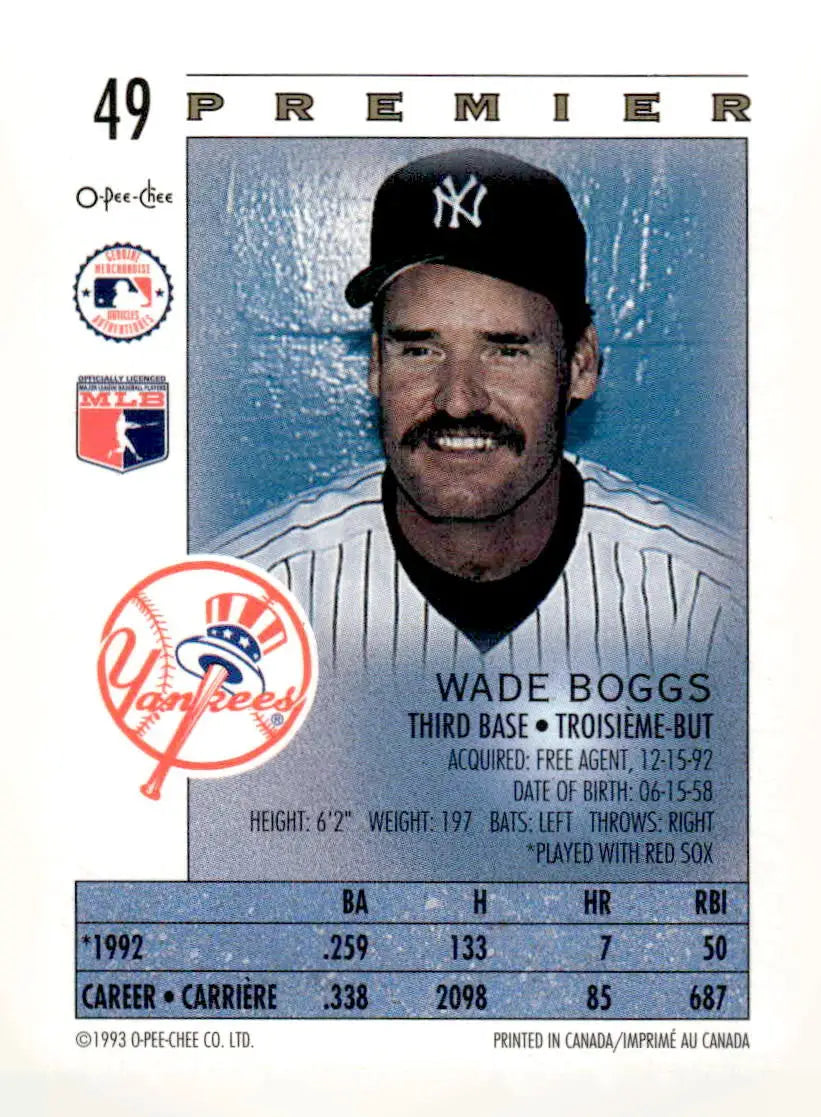 1993 O-Pee-Chee Premier #49 Wade Boggs - Baseball Card Single