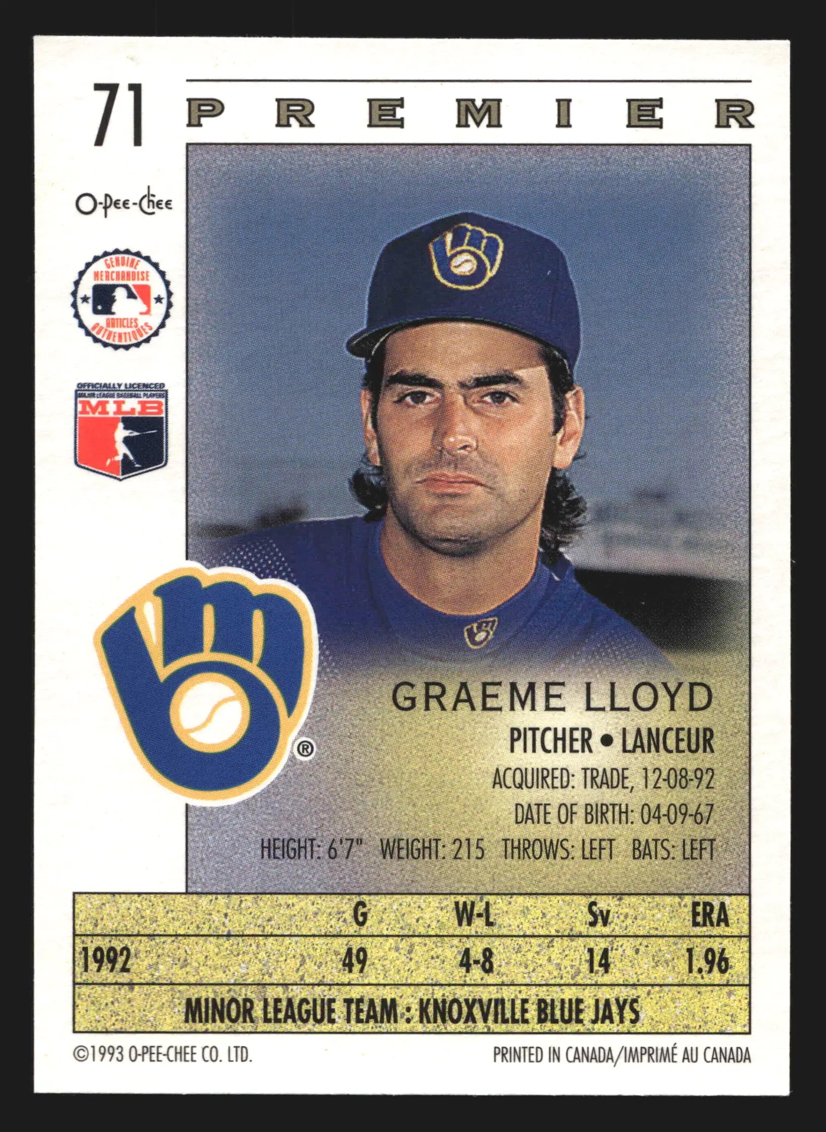 1993 O-Pee-Chee Premier #71 Graeme Lloyd Milwaukee Brewers - Baseball Card Single